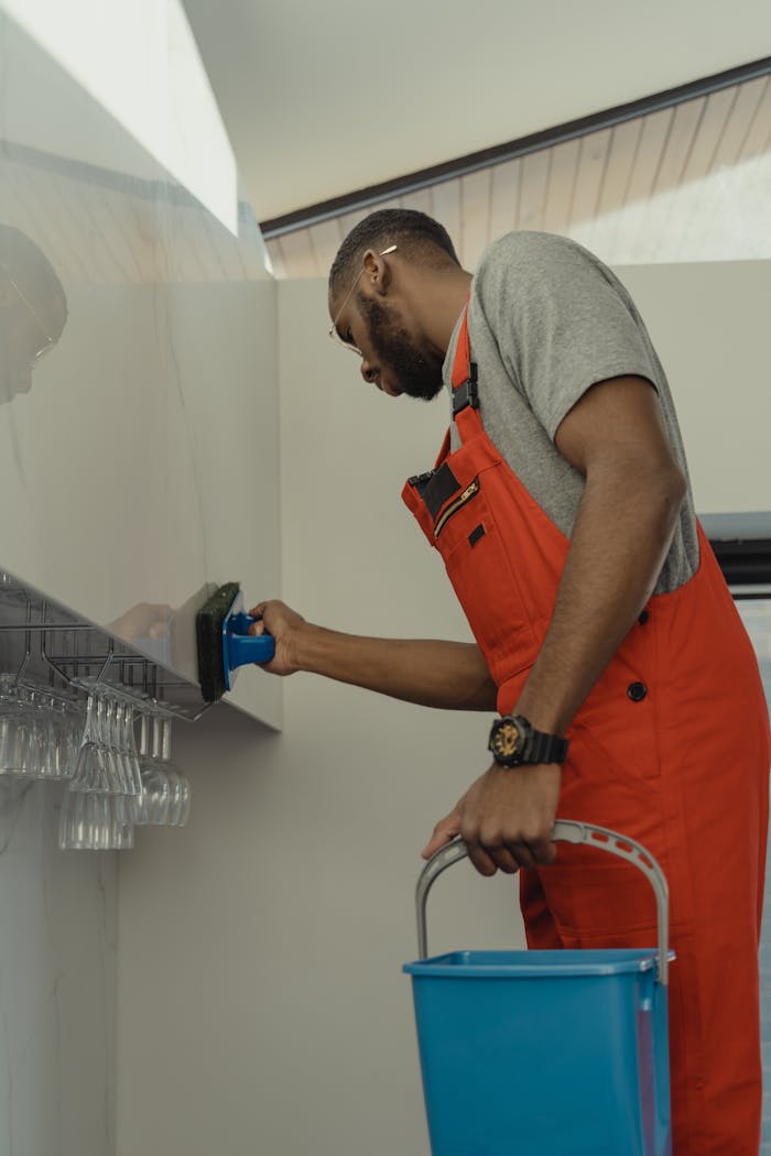 services-02 Man in red overalls cleaning a glass wall indoors with a blue bucket and brush.